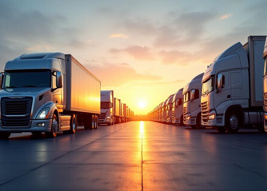 Modern logistics fleet at sunrise